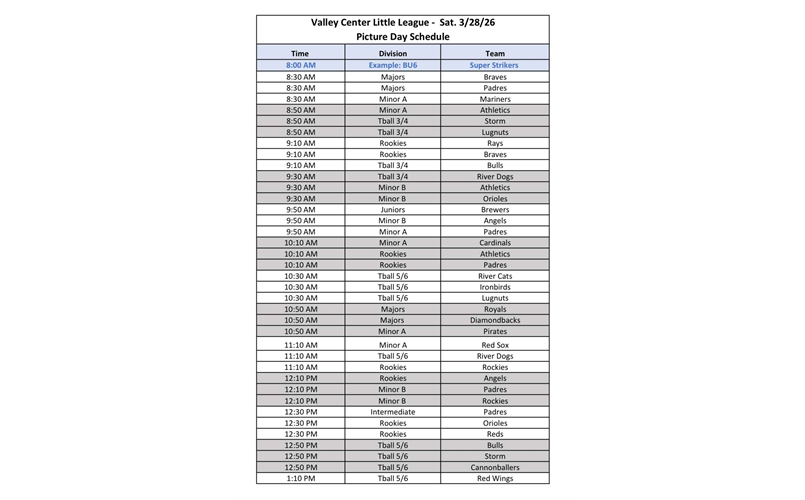 3/28/26 Picture Day Schedule