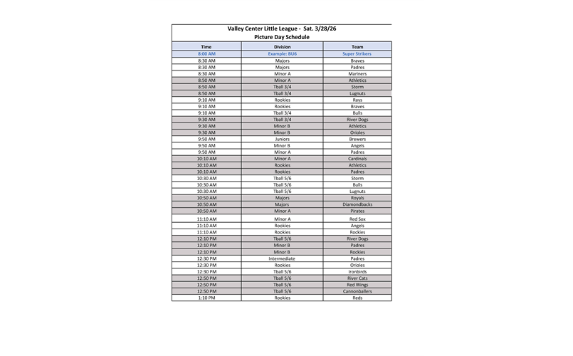 March 28 Picture Day Schedule